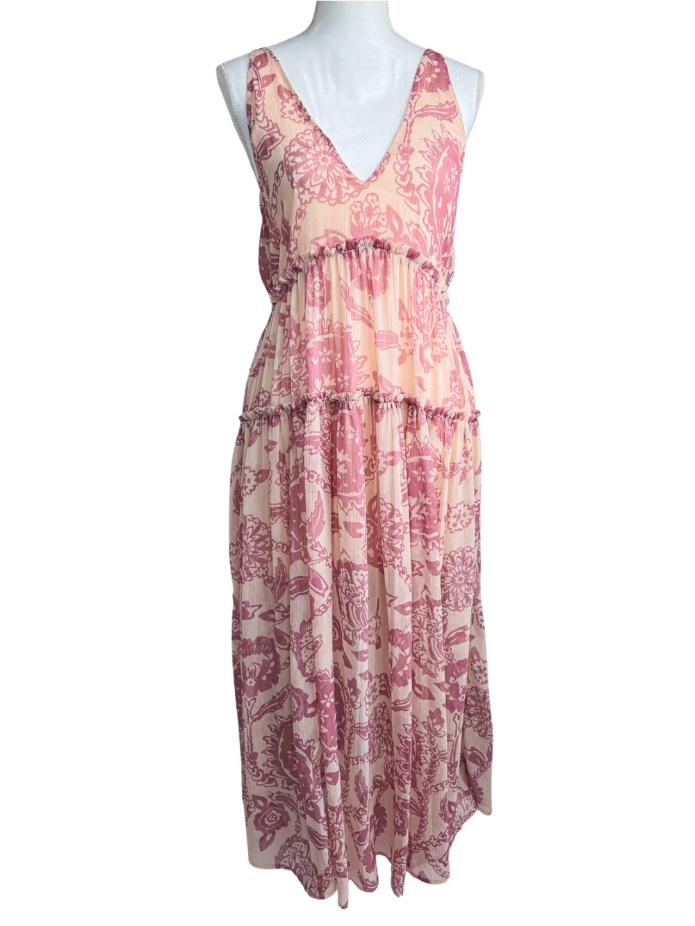 Free People Julianna Pink Floral Tiered Maxi Dress XS Boho Sleeveless Low Back